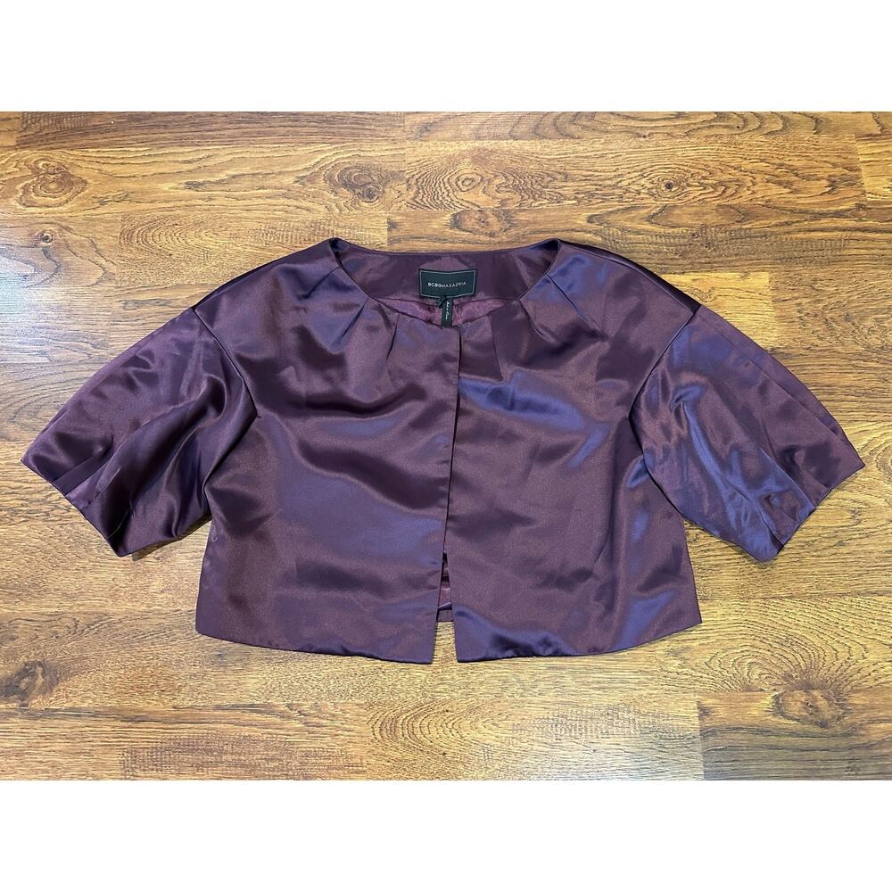 BCBGMAXAZRIA Satin Bolero Evening Jacket Women's Large Plum Cropped Blazer